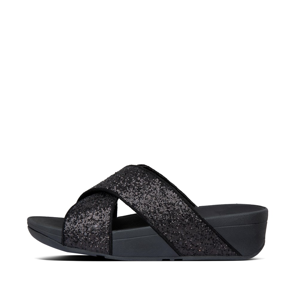 Fitflop Womens Slides Black - Lulu Glitter Cross - WB0894531